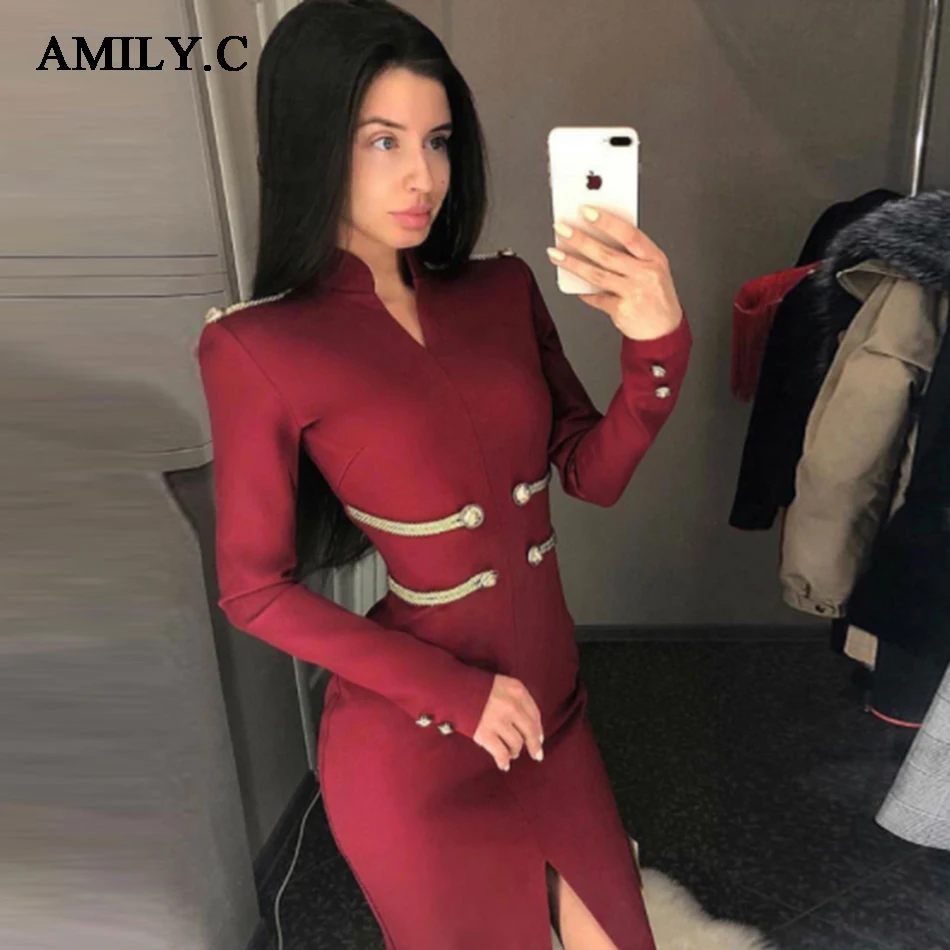 

Amily.c 2019 fashion new high quality women's embellishment sexy bandage dress Bodycon long sleeve dress