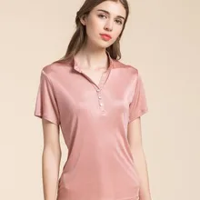 Вязаный Шелковый футболка с короткими рукавами Женский тутового шелкопряда шелк чистый цвет красный воротник футболка рукав головы