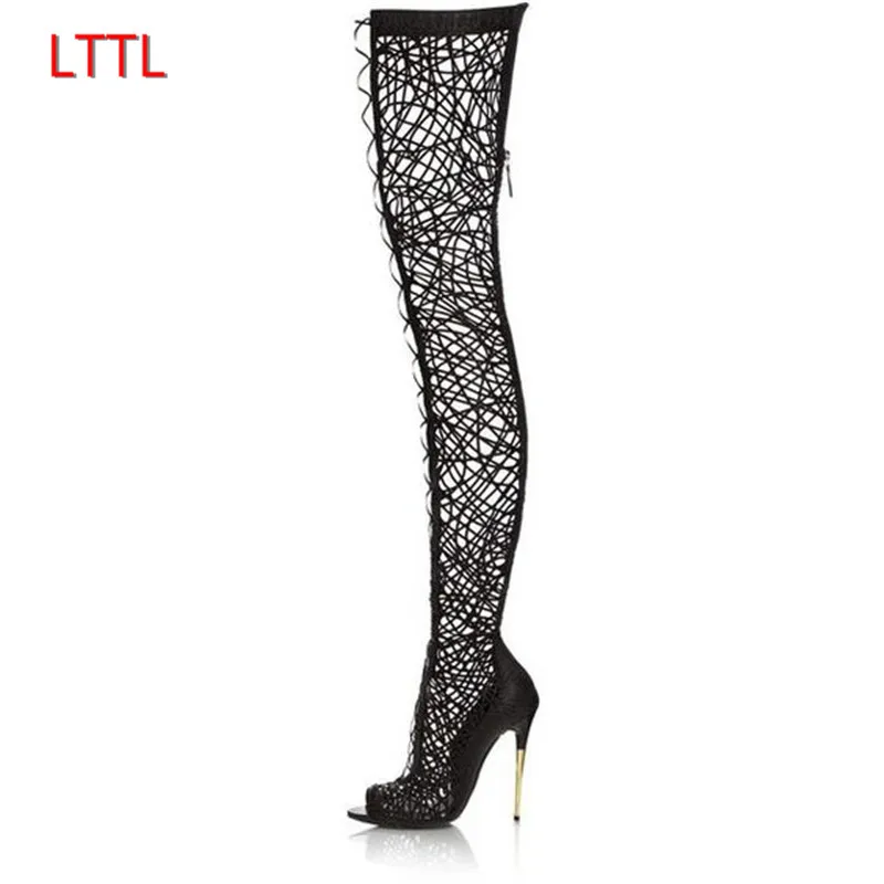 

Sexy Black Lace Open Toe Cross Tied Thigh High Boots Hollow Out Buckled High Heel With Metal Boots For Women