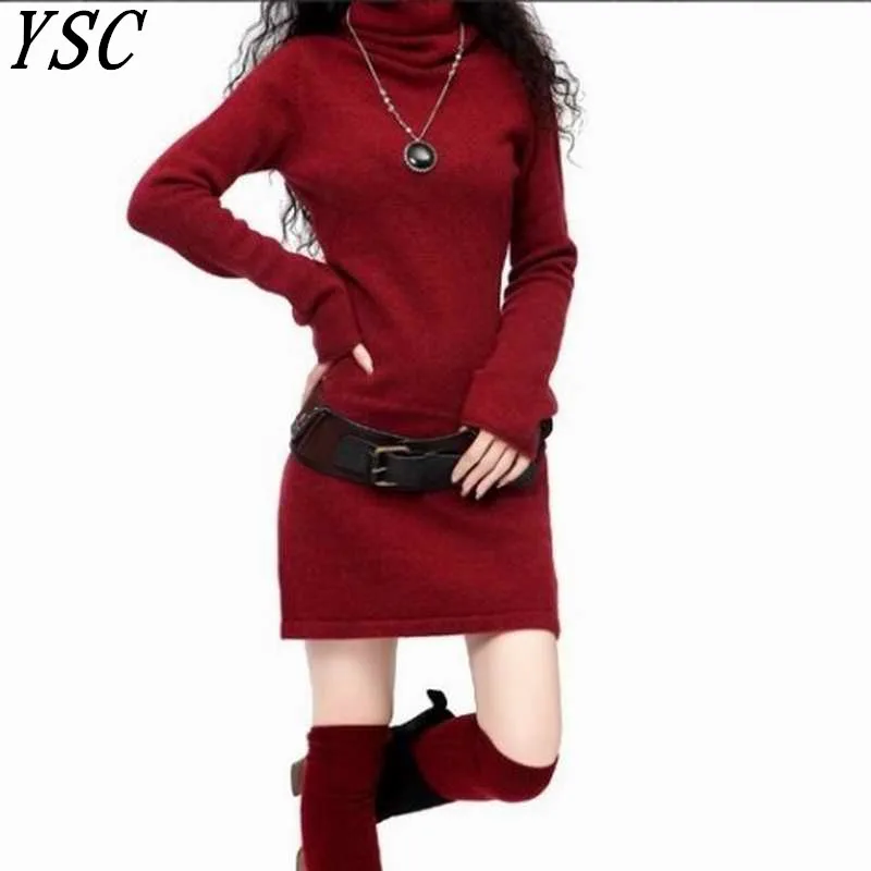 

YUNSHUCLOSET autumn The latest fashion Turtleneck Cashmere Wool Blend Sweater Dress Solid Color Medium-Long Style Free Shipping