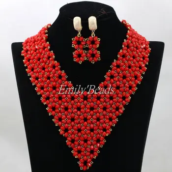 

2016 Popular Red African Beads Bridal Jewelry Sets Crystal Nigerian Women Wedding Party Choker Necklace Free Shipping ALJ295