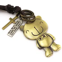 

Vintage Necklace Retro Cute Love Bear Pendant Anime Cross Charm Long Leather Chain Sweater Jewelry for Men Women Girl Boy Child