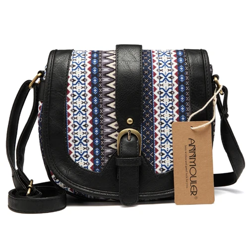 Annmouler, дизайн, женская сумка на плечо, винтажная маленькая сумка из искусственной кожи, Лоскутная сумка через плечо, богемный стиль, женская сумка-мессенджер - Цвет: Black