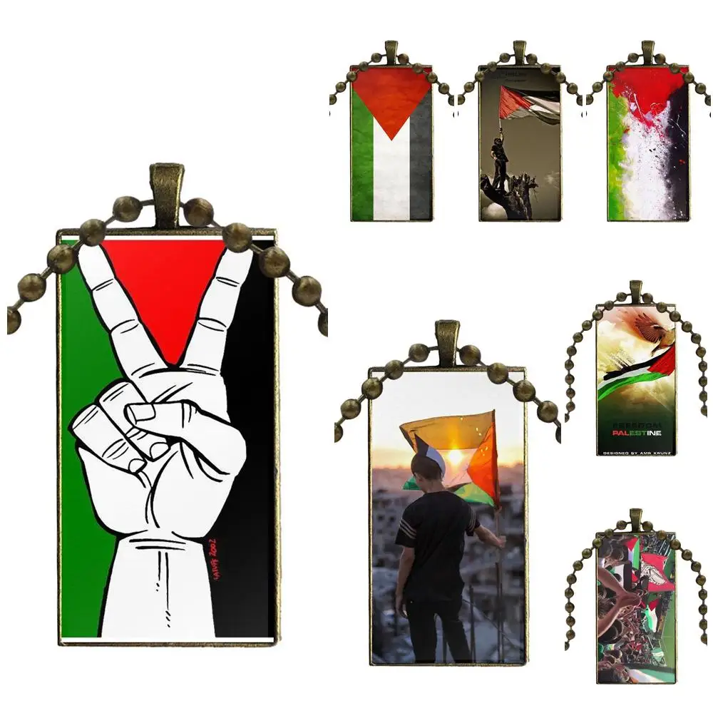 

EJ Glaze For Christmas Gift Fashion Glass Cabochon Pendant Necklace With Women Bronze Plated Statement Jewelry Palestine Flag