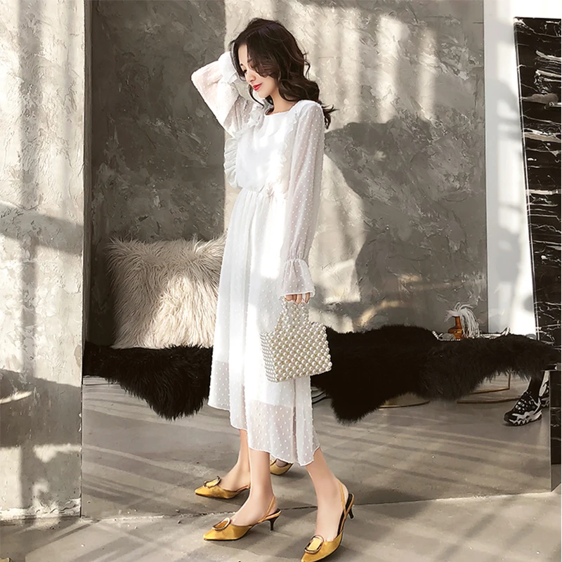 

Summer Chiffon vintage Dress Women Long Sleeve Ruffled Party nigth Elegant Vestidos sexy see through cute tunic clothes 2019 new