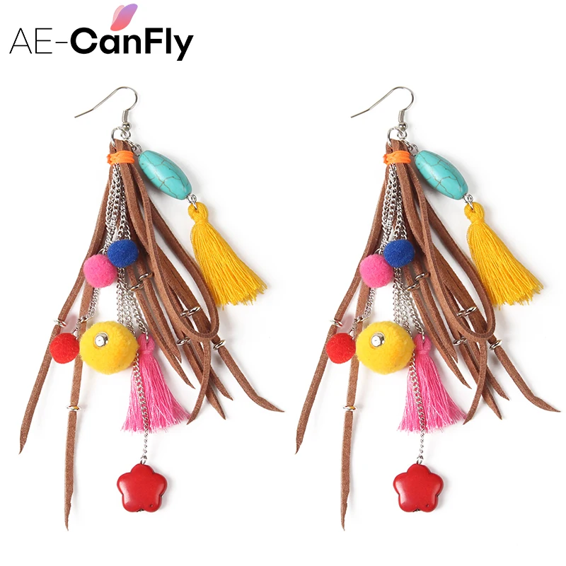 AE CANFLY Europe Vintage Ethnic Long Tassel Earrings Faux Suede Fabric Dangle Drop Earring Colorful Bohemian Fine Jewelry|long tassel earrings|tassel