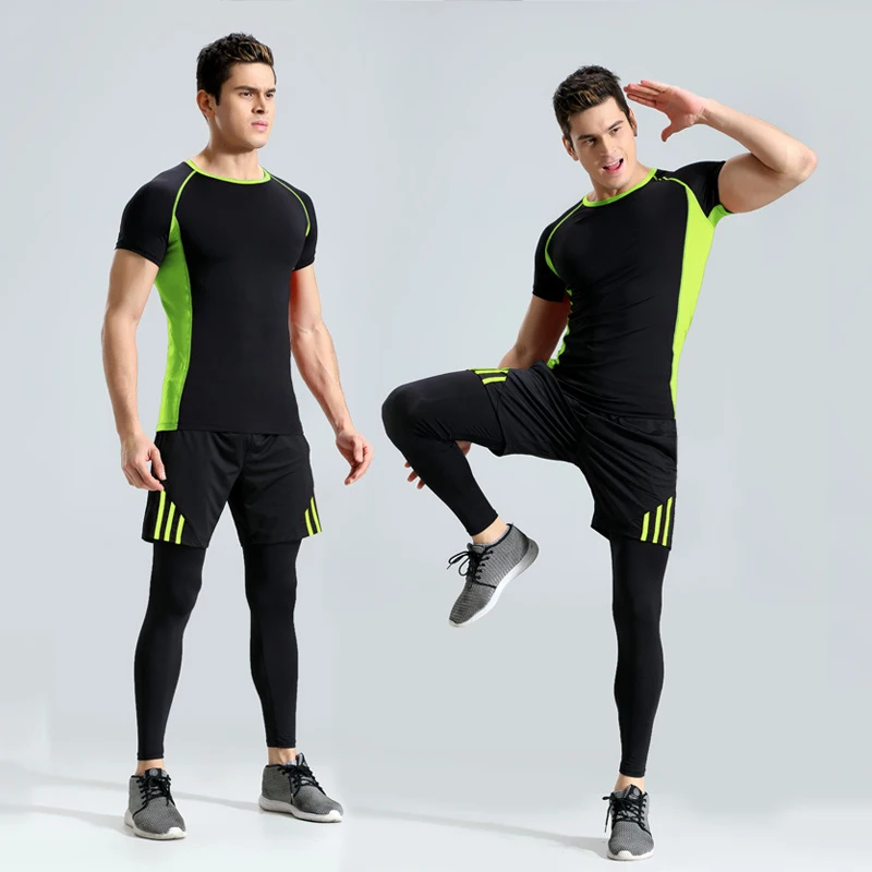 

2018 Newest men running set 2 colors 3pcs/set t-shirts+short+tight pants sport costumes for men sportsman wear sport sweatshirts
