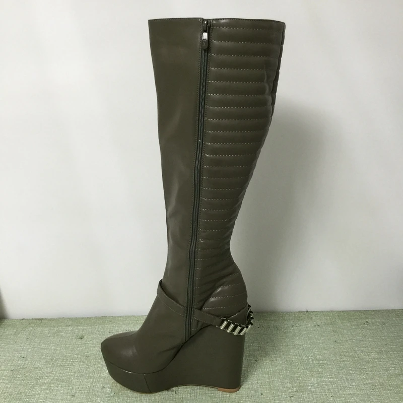 Grey Wedge High Heel Boots Women Knee 