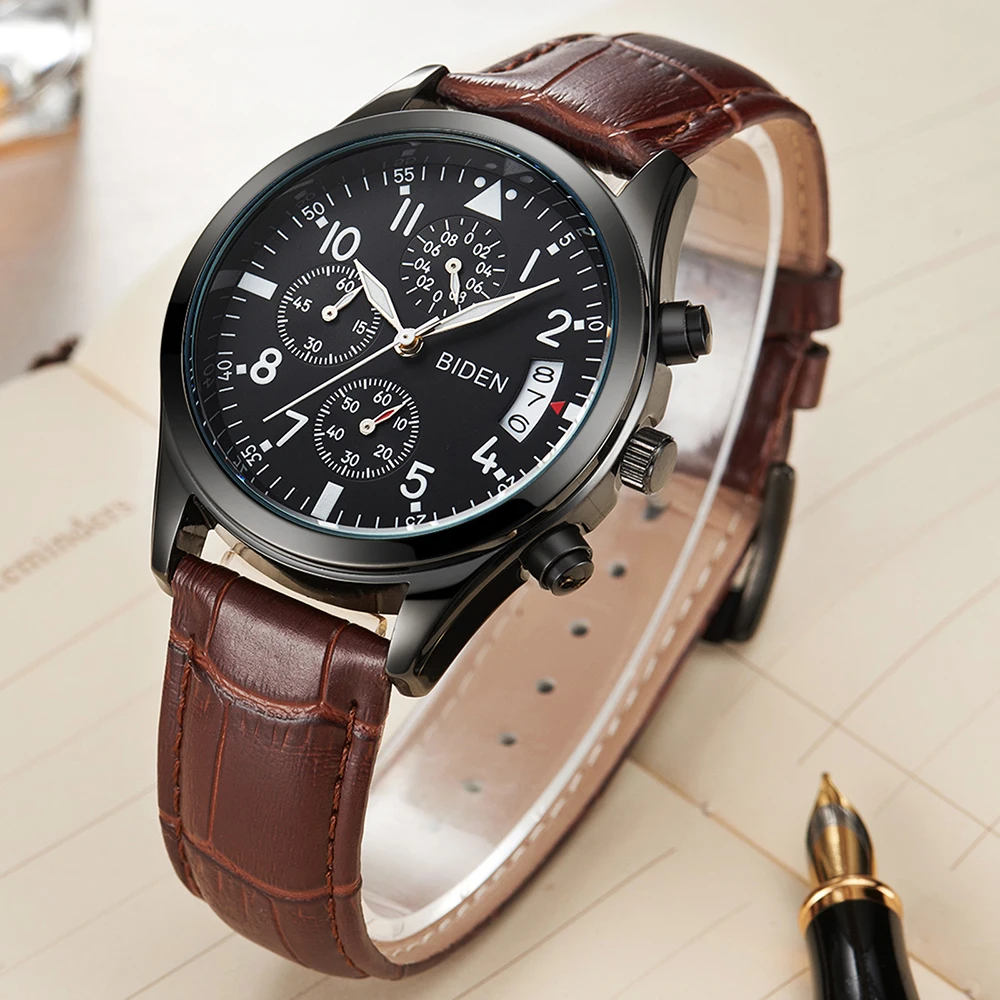 

Men Business Wrist Watches Three Eyes Dials Genuine Leather Quartz Watch 30m Waterproof Calendar Chronograph relojes hombre 2018