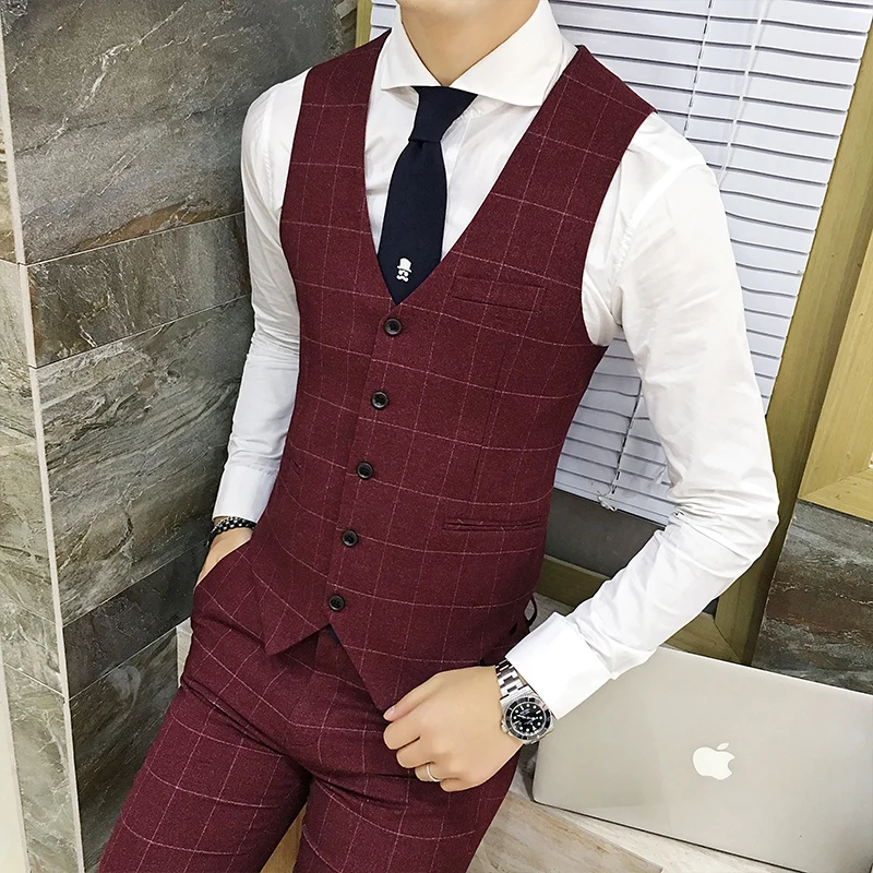 Wine Red Men Plaid Suit Vests Size S M L XL 2XL 3XL Slim Elegant Mens Leisure Vest 2019 New Man Wedding Vest