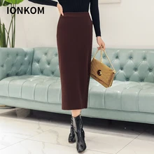 IONKOM элегантные пуговицы Разделение вязаная юбка Для женщин эластичные Высокая Талия ПР Миди-юбки осень-зима корейский стиль свитер и юбка