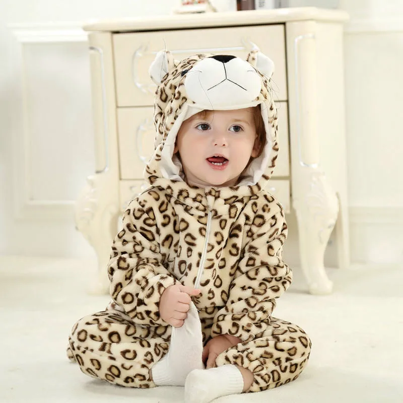 Комбинезон с животными для новорожденных; Детский костюм с капюшоном; фланелевый комбинезон для малышей; теплый комбинезон для малышей; костюм для маленьких мальчиков и девочек; - Цвет: Leopard