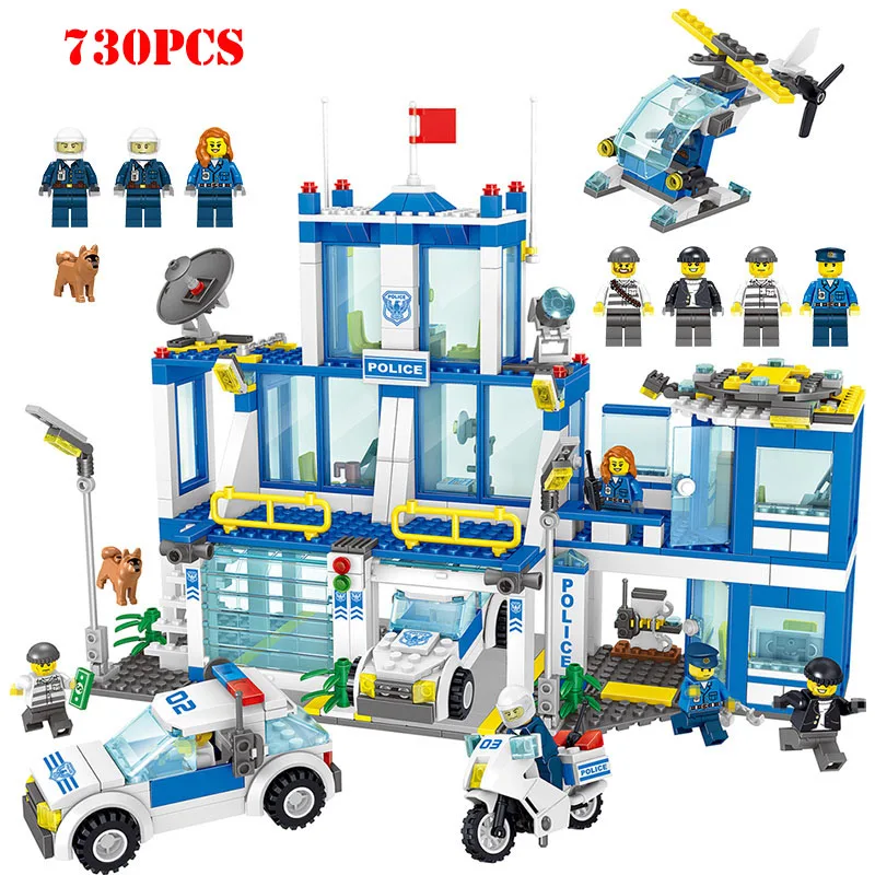 City Police Station Prison Motorbike Helicopter Building Blocks Compatible Legoingly City Police Figures Bricks Child Toys Gifts
