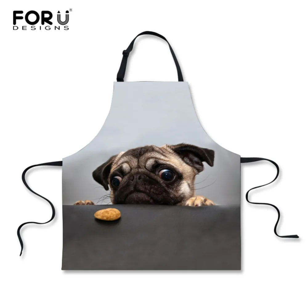 

FORUDESIGNS Pug Dog Cooking Kitchen Apron For Woman Men Chef Waiter Cafe Shop BBQ Hairdresser Aprons Custom Logo Gift Bibs