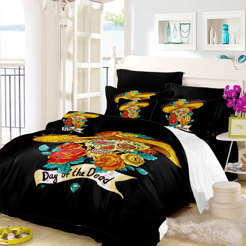 Golden Sugar Skull Bedding Set Colorful Flowers With Hat Print
