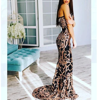 

Gold Silver Sexy Strapless Sequined Maxi Dress Retro Geometry Stretchy Evening Party Dress Floor Length