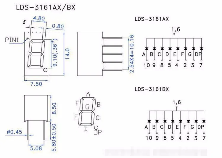 10 шт. светодиодный Дисплей 0,36 дюймов 1bit 7-сегментный Дисплей 1 деление общий катод, анод зеленый светодиодный освещенные знаки 7-ми