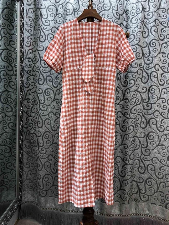 

Short-sleeved Plaid Dress 527 with irregular neckline and ribbon decoration 2019