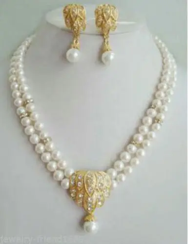 

FREE SHIPPING HOT sell new Style >>>>Jewelry 2 rows white pearl pendant earrings necklace sets