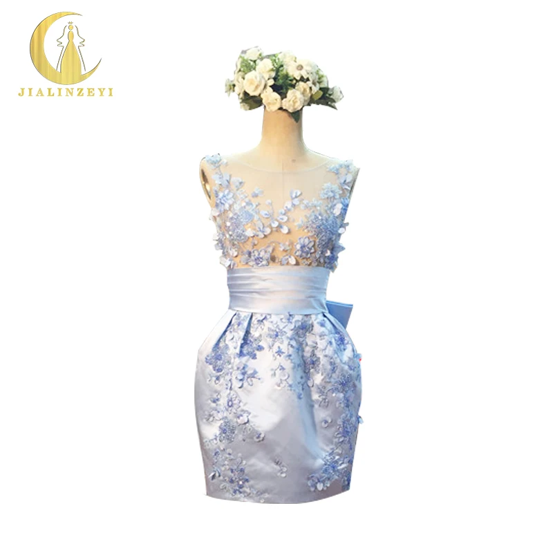 

Rhine Real Sample Image Sexy Sky Blue V Back Beads See Through Satin Dress for Party Mini Length Prom Dresses 2019