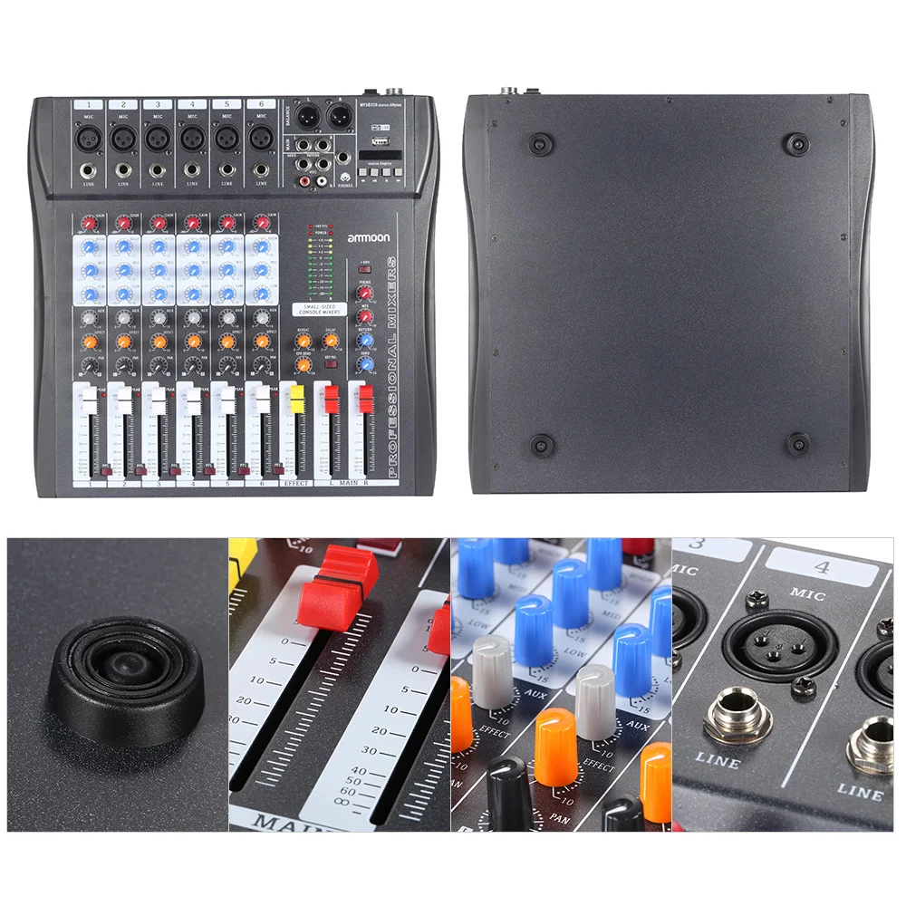 Микшерная консоль ammoon 60 USB 6 каналов микрофон аудио микшер 3 полосный EQ XLR вход 48 В