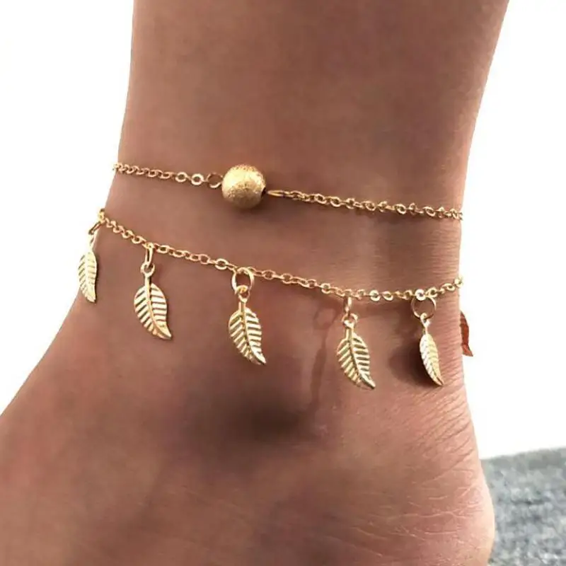 

Bohemian Leaf Tassel Anklets For Women Gold Silver Bead Chain Ankle Bracelets Foot Jewelry Barefoot Sandal Pulsera Tobillera
