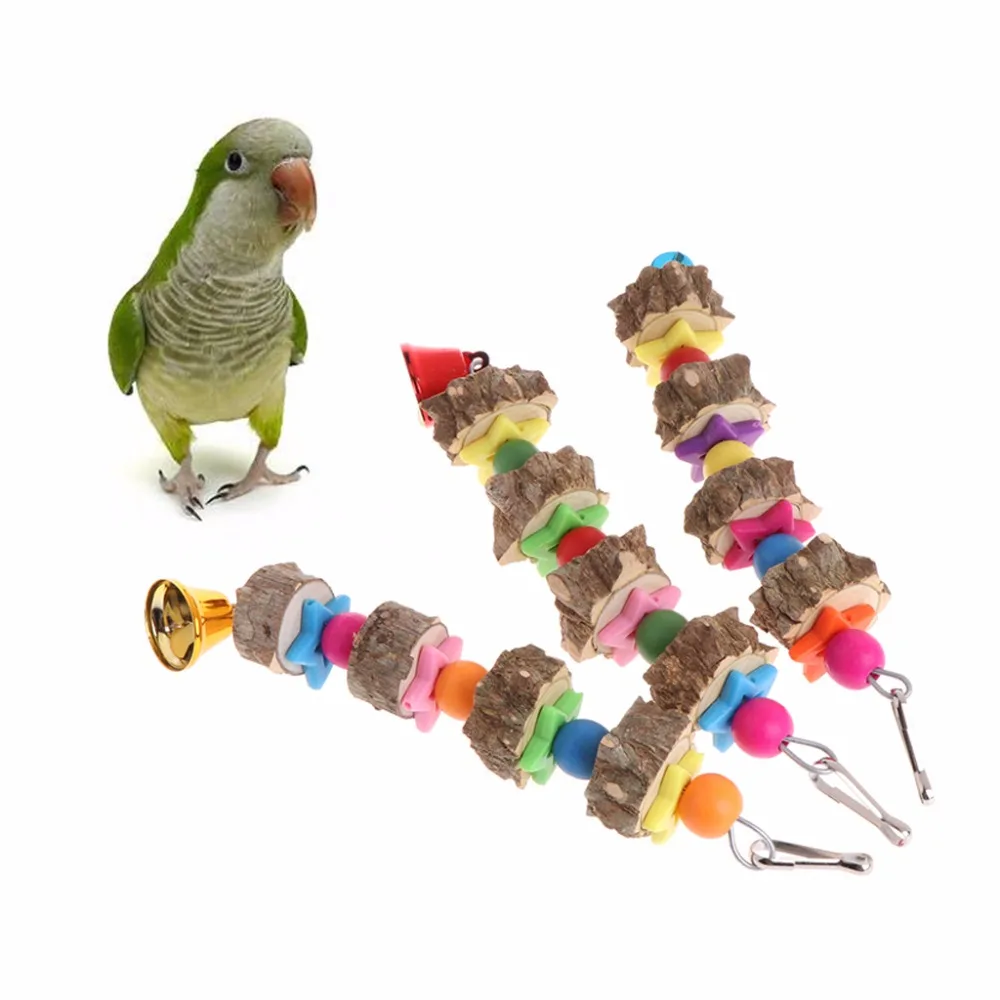 Natural Wooden Birds Parrots Colorful Toys Chew Hanging Cage Concave Convex Bell