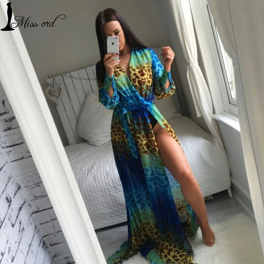  Free Shipping 2016 Sexy Leopard Print Perspective Gauze Maxi floor length Dress FT2858-1 