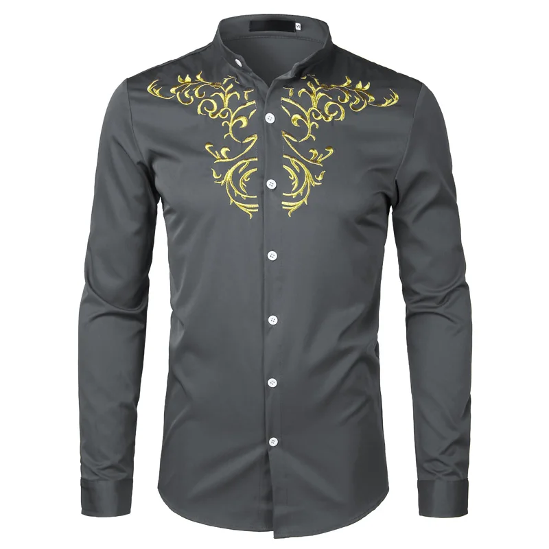 Мужская китайская рубашка с золотой вышивкой, мужская рубашка с воротником-стойкой, мужская рубашка с длинным рукавом, роскошная рубашка для смокинга