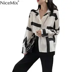 NiceMix модная блузка хараджуку Для женщин печати нерегулярные рубашка в полоску Для женщин s Топы и блузки Blusas Femininas de Verao Лето 2019