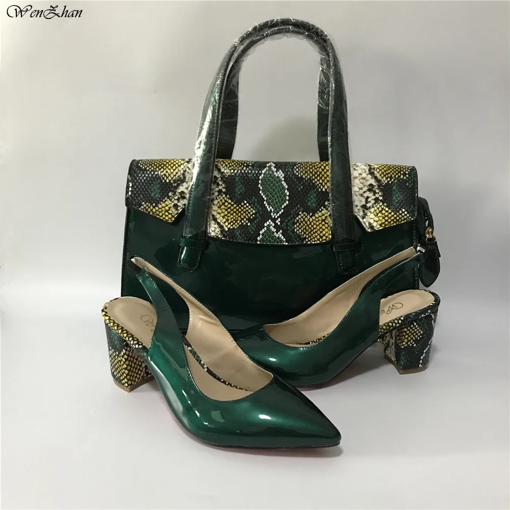 

Green Color Thick High Heel Ladies Shoes With Matching Women HandBag Sets Hottest Customized different heels WENZHAN36-43 A96-20