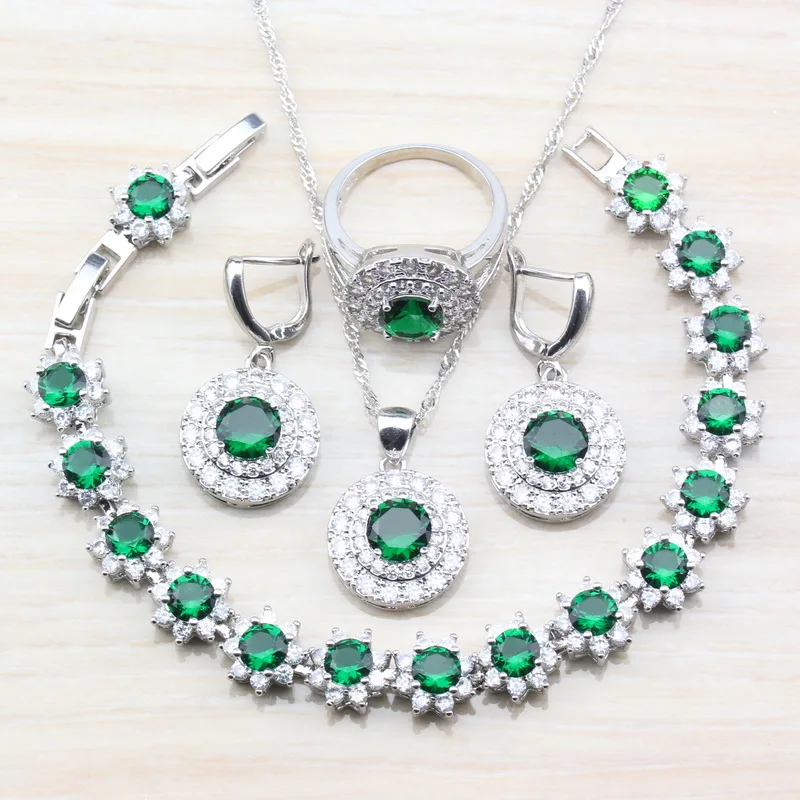 

Simple Round Green Cubic Zirconia 925 Sterling Silver 4PCS Jewelry Sets Earrings/Pendant/Necklace/Bracelet/Ring For Women Gift