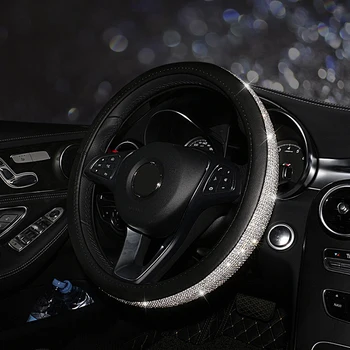 

Decor Accessory Protector Steering Wheel Cover Replacement Car Black Leather+Rhinestone Handmade