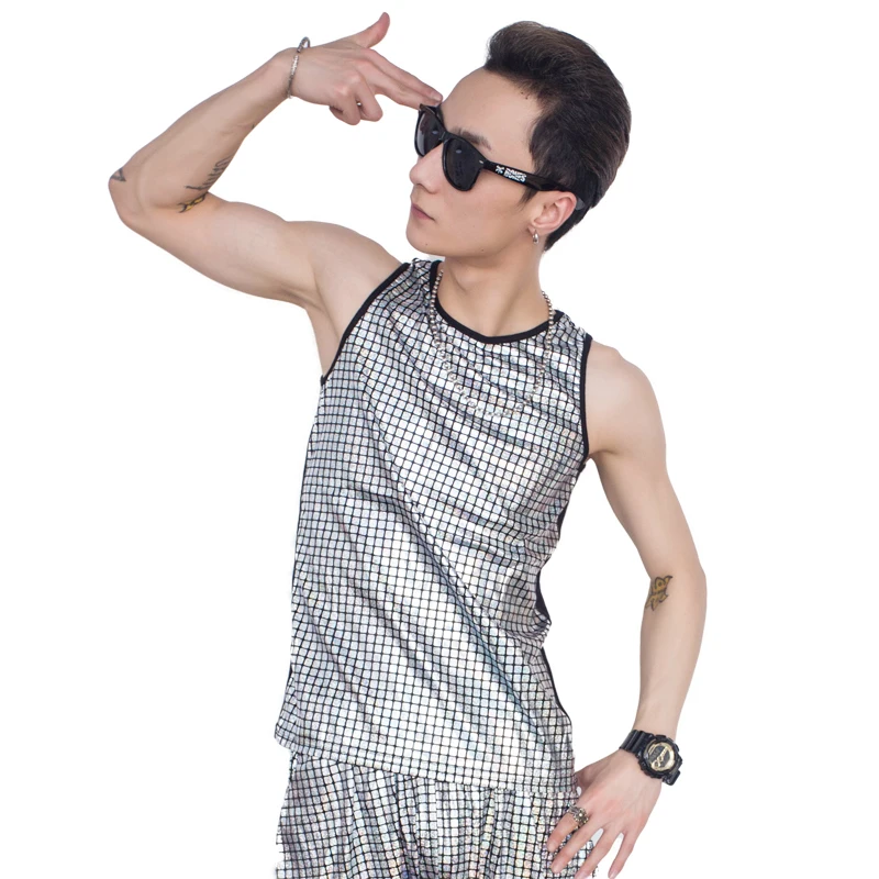 

Band Rock Drum Men And Women Singer DJ Adult Show Hologram Sequins Vest Punk PU Leather Tank Tops Boys Male Show Costumes