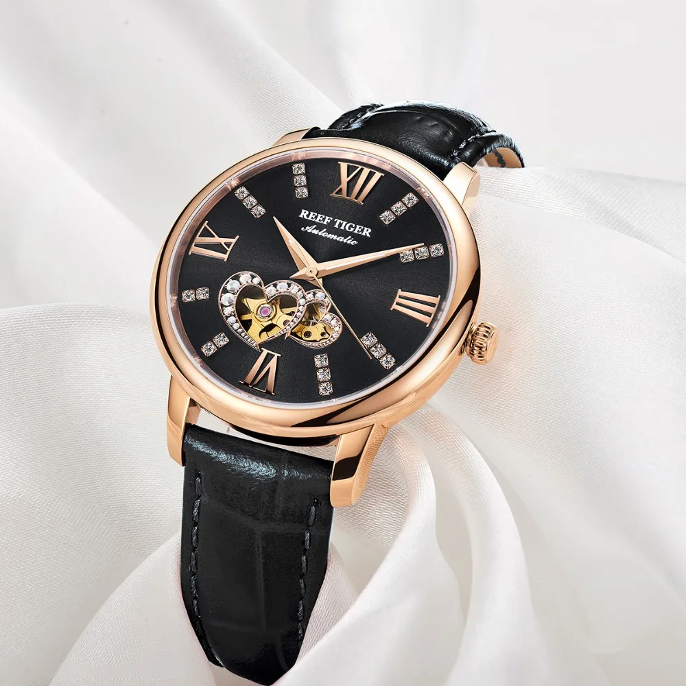 US $177.45 2021 New Reef TigerRT Luxury Fashion Lady Watches Black Dial Diamond Watch Genuine Leather Strap Montre Femme RGA1580