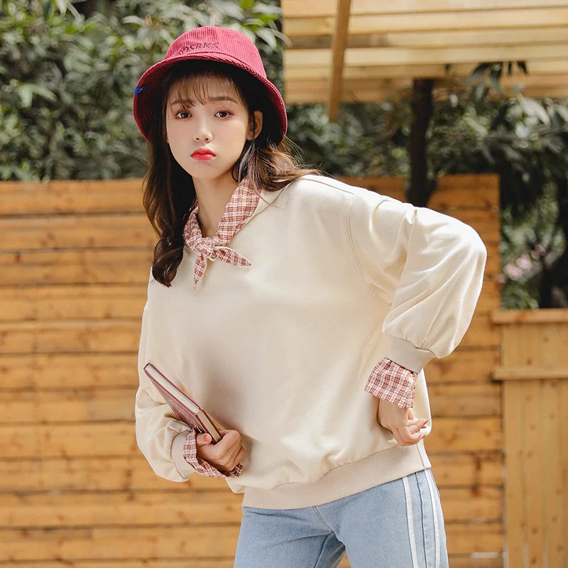 

harajuku kawaii hoodie spring 2019 autumn korean style sweatshirt fashion personality sweet plaid bow tie friends hoodies women