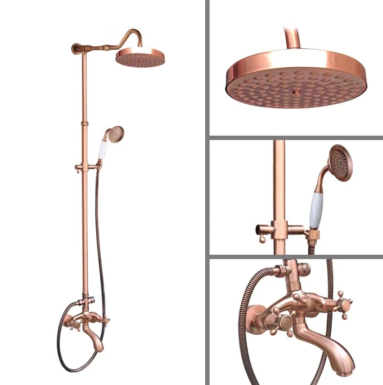 

Antique Red Copper Brass Dual Cross Handles Bathroom 7.7" Round Rain Shower Head Faucet Set Tub Mixer Tap Wall Mounted mrg606