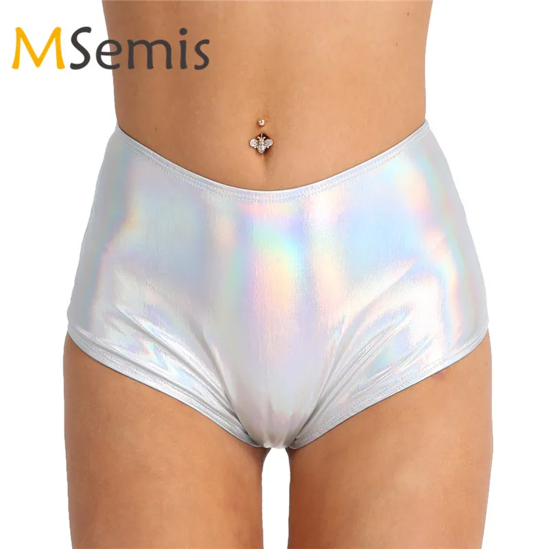 

Swim Shorts Women Swimwear Shiny Metallic Patent Leather Shorts High Waisted Booty Shorts Brief Style Bottoms For Dance Swimming