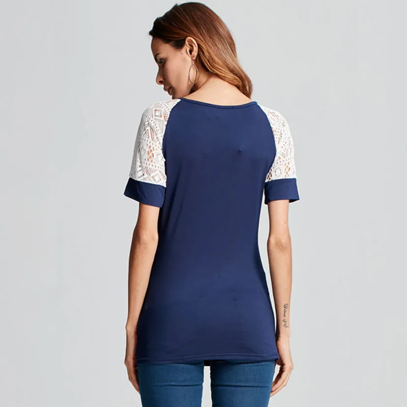 Women Slim Fit Hollow out Tops Crewneck Short Sleeve Blouse Casual Solid Shirt Blusas Fashion Sexy O Neck Lace Broadcloth Soft Blouses