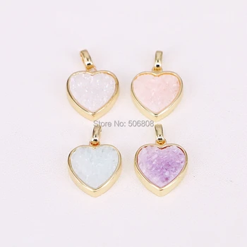 

10PCS ZYZ294-9966 Gold Color Heart Bezel Natural Titanium Quartz Stone Drusy Pendant Charms for Necklace Women Fashion Jewelry