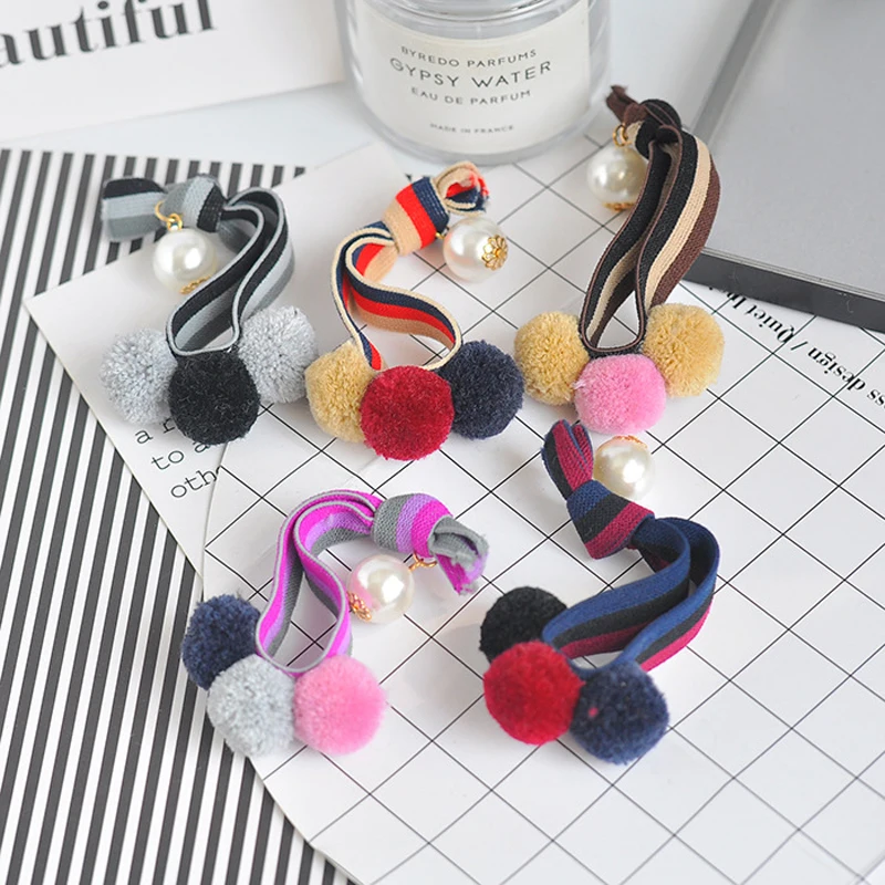 

2017 New Striped Elastics Hair Bands Holders Rubber Bands Girls Women Kawaii Headwear Cute Tie Gum 3 Balls Pearls Accessories