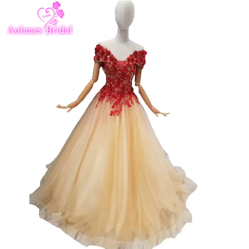 

2018 Cheap Red Lace Champagne Tulle V-neck A-line Evening Dresses Sleeveless Floor-length Off The Shoulder Party Prom Dress Gown