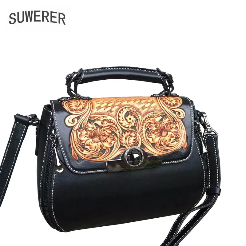 

SUWERER 2019 New Women Genuine Leather bag Handmade Carved luxury fashion cowhide tote shoulder bag designer women famous brands