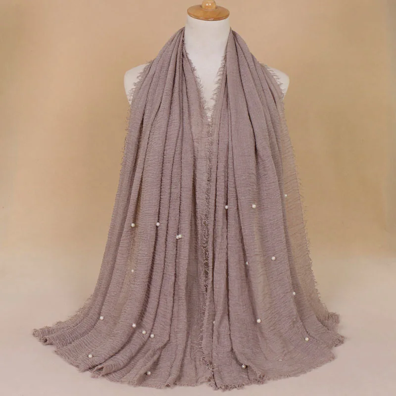Женский модный шарф со складками из хлопка с бусинами, шарф с жемчугом, платок, пашминовый мусульманский повязка для головы хиджаб 190*100 см