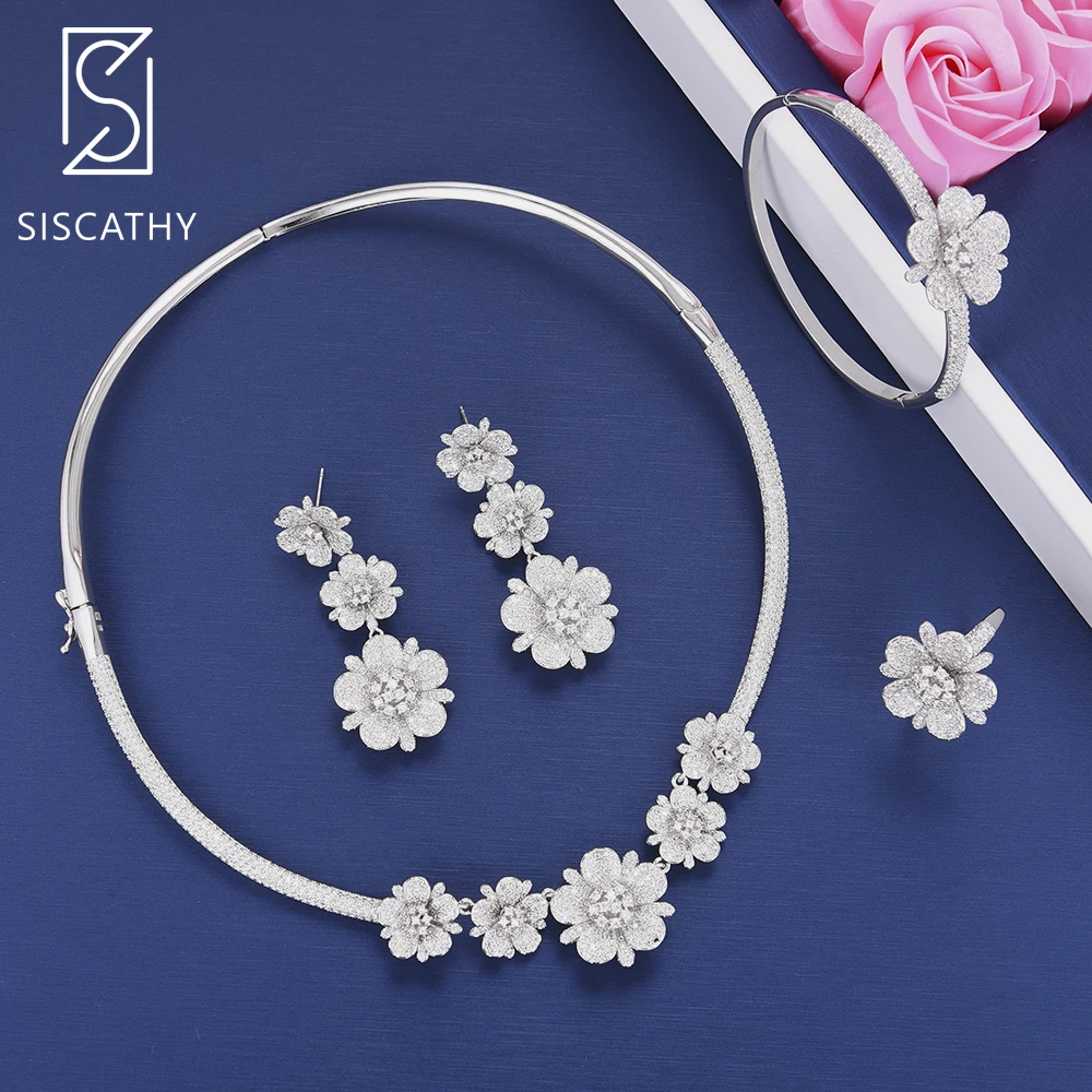 

SISCATHY Luxury Flower Cubic Zirconia Wedding Necklace Dangle Earrings Bracelet Ring Jewelry Set boucle d'oreille