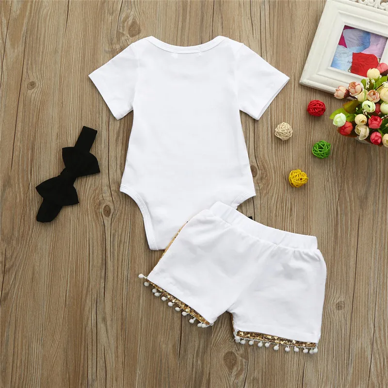 Girls suit summer 2019 new 3PCS Infant Baby Sequin Suits Girls Romper+Shorts+Headband Outfits Clothes Set  (7)