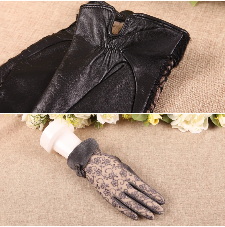 Новые женские перчатки из натуральной кожи, кружевные осенне-зимние Утепленные перчатки из овчины, женские короткие Стильные варежки для вождения L156NC