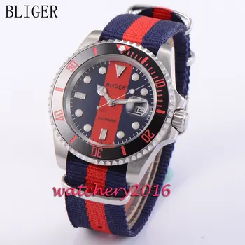 

40mm Bliger sapphire glass blue & red dial date adjust luminous markers automatic movement Men's Mechanical Wristwatches