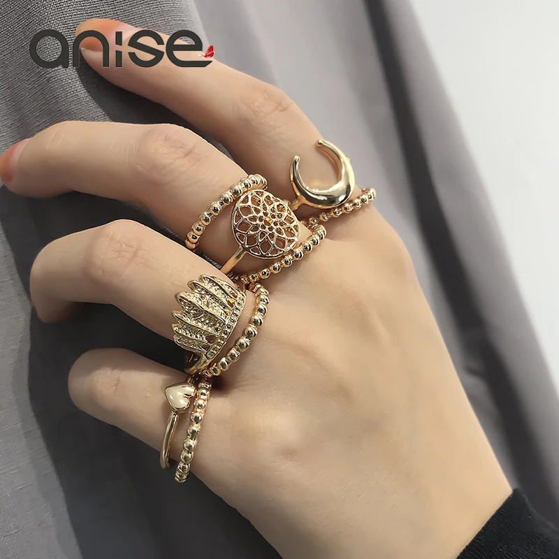 

Anise Fashion Gold 9Pcs/Set Rings for Women Moon Heart Crown Midi Finger Knuckle Rings Boho Female Party Jewelry Bague Femme