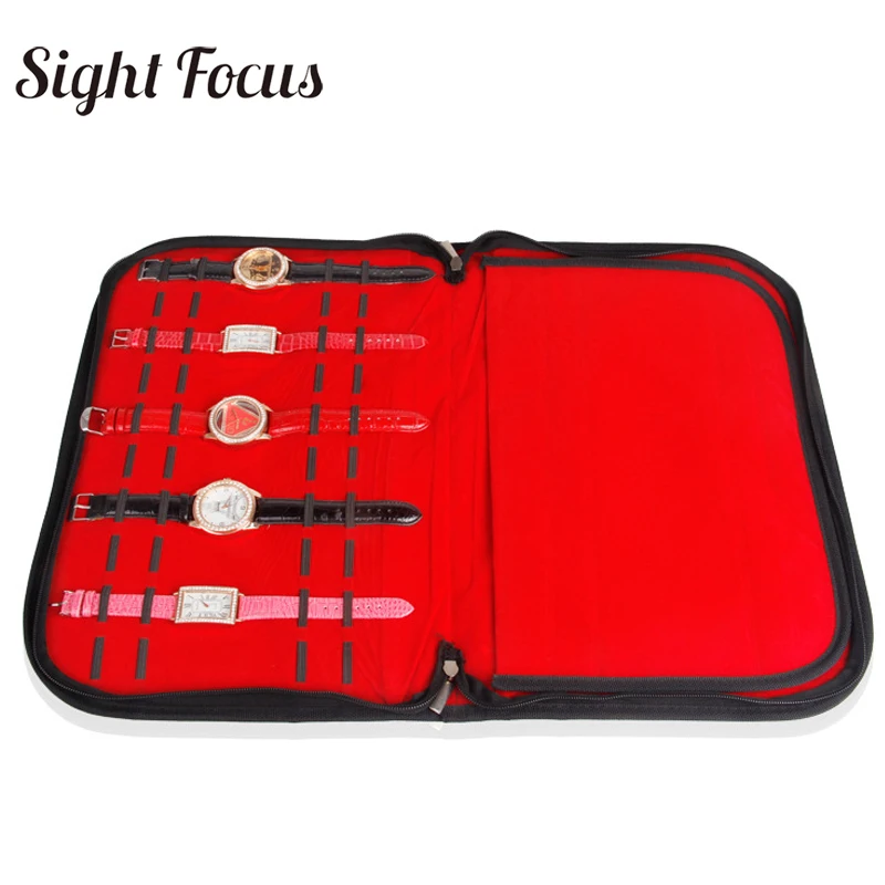 20 Slots/Grids Watch Band Collector Organizer Watch Strap Case Black Pu Storage Box with Zipper Wristwatch Display Tray